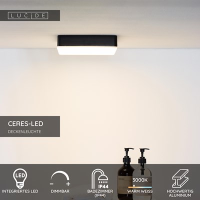 Lucide CERES-LED - Deckenleuchte Badezimmer - LED Dim. - 1x30W 3000K - IP44 - Schwarz